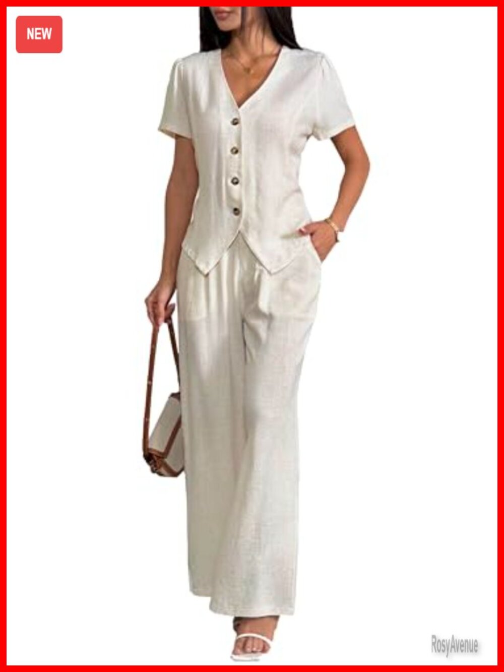 Linen 2 Piece Outfit Short Sleeve V Neck Button Down Shirt Wide Leg Pants Set